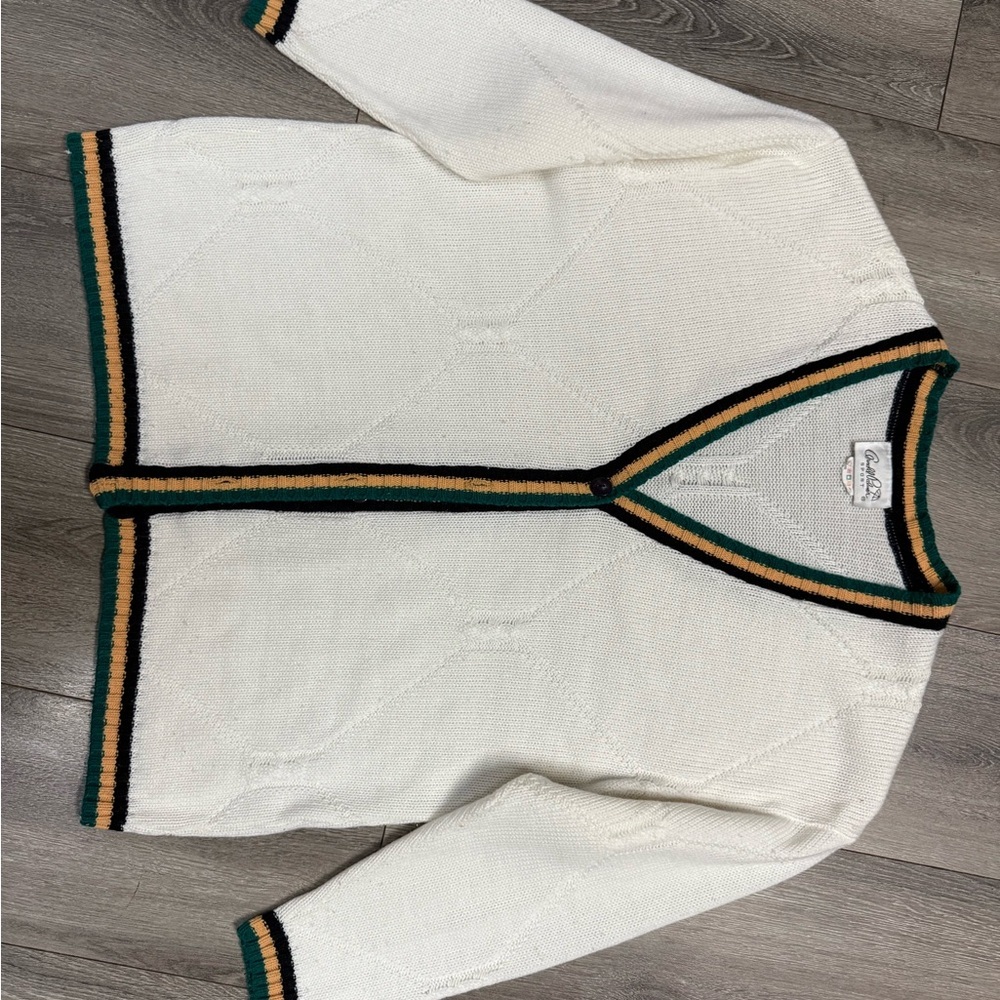 Vtg Arnold Palmer White Cardigan Sweater with Striped Trim - Picture 3 of 8